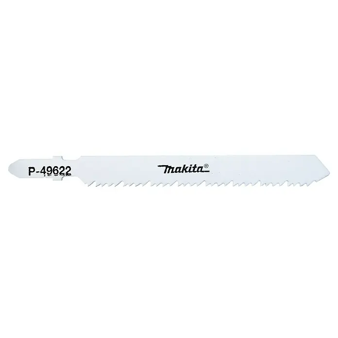 Makita Hoja de sierra de calar P-49622 - Madera con clavos, Vástago en T - Primer plano de una hoja de sierra de calar blanca Makita P-49622 sobre un fondo negro, ideal para cortes de madera precisos.