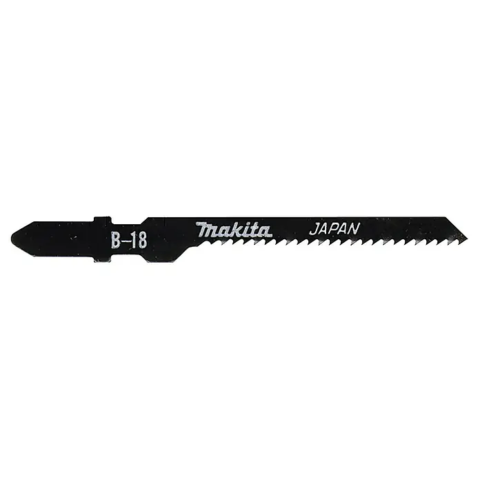 Makita Hoja de sierra de calar A-85709 - Madera / metal / plástico, Vástago en T - Primer plano de una hoja de sierra de calar Makita B-18, fabricada en Japón, ideal para trabajos precisos de madera y proyectos de bricolaje.