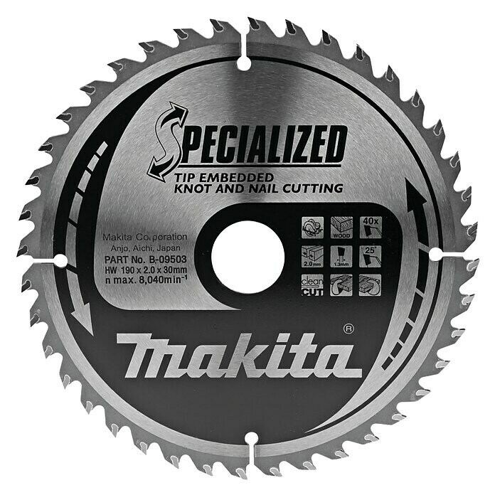 Makita Disco de sierra Specialized (Diámetro: 190 mm, Orificio: 30 mm, Número de dientes: 40 dientes)