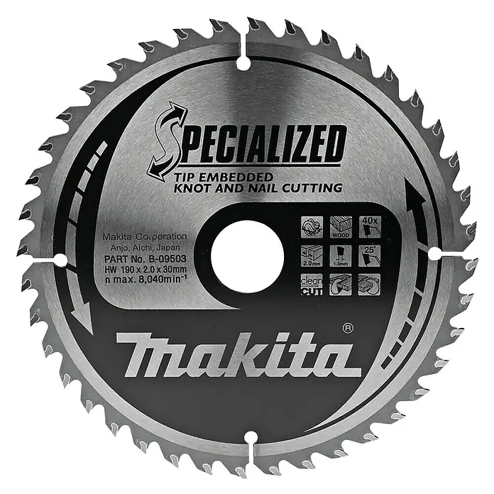 Makita Disco de sierra Specialized - Diámetro: 190 mm, Orificio: 30 mm, Número de dientes: 40 ud. - Primer plano de una hoja de sierra "Specialized" de Makita para cortar nudos y clavos, ideal para cortes de madera limpios con 40 dientes.