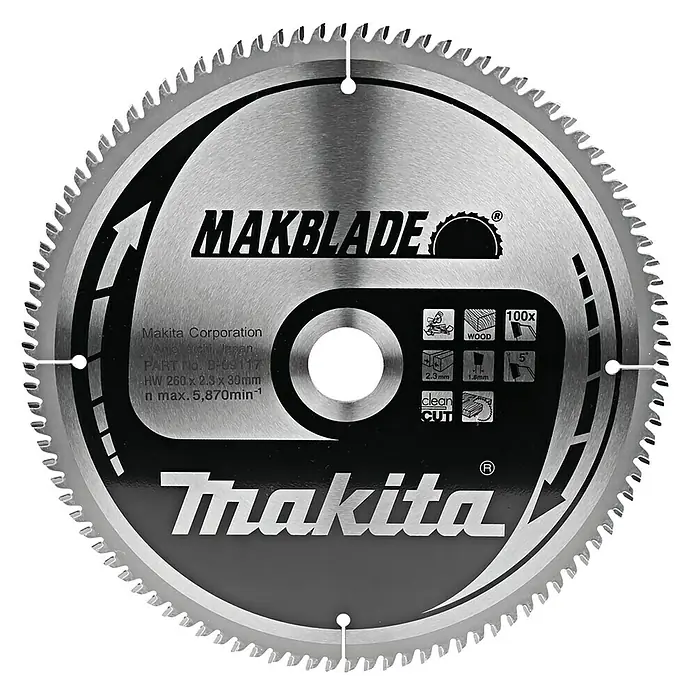 Makita Disco de sierra Makblade - 260 mm, Orificio: 30 mm, Número de dientes: 100 ud. - Hoja de sierra circular Makblade de Makita para cortes de madera limpios y precisos, ideal para profesionales.