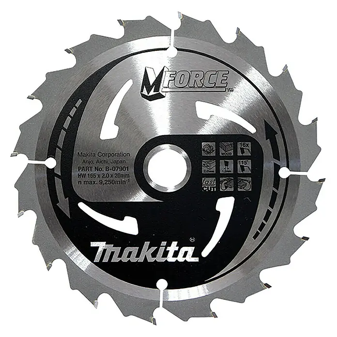 Makita Disco de sierra MForce - Diámetro: 165 mm, Orificio: 20 mm, Número de dientes: 16 ud. - Hoja de sierra Makita M-Force, diámetro de 165 mm para cortes de madera precisos.