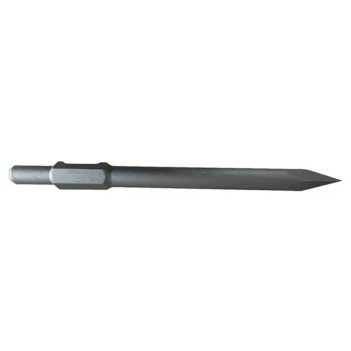Makita Puntero - Largo: 410 mm, 1 ud. - Imagen de una varilla de cincel puntiaguda, una herramienta robusta para trabajos de demolición y procesamiento de piedra, ideal para la construcción.