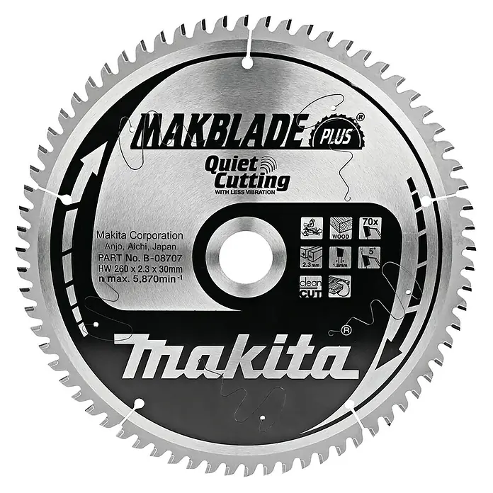 Makita Disco de sierra Makblade - 260 mm, Orificio: 30 mm, Número de dientes: 70 ud. - Imagen de una hoja de sierra Makita Makblade Plus diseñada para cortes precisos y de baja vibración en madera.