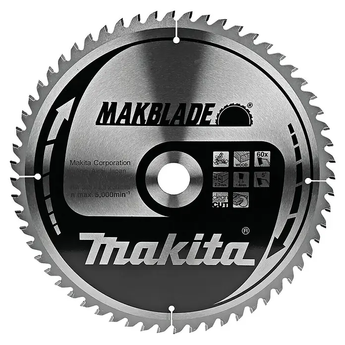 Makita Disco de sierra Makblade - 305 mm, Orificio: 30 mm, Número de dientes: 60 ud. - Primer plano de una hoja de sierra Makita Makblade, ideal para cortes limpios de madera con 60 dientes y una velocidad máxima de 5.000 rpm.
