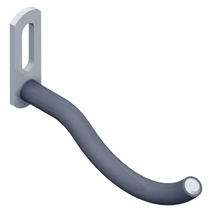 Element System Werkzeughalter - L x B: 75 x 63 mm, Geeignet für: Stahllochwände - Nahaufnahme eines grau lackierten Wandhaken, der sich nach unten windet und ein Loch zum Aufhängen an der Wand hat.