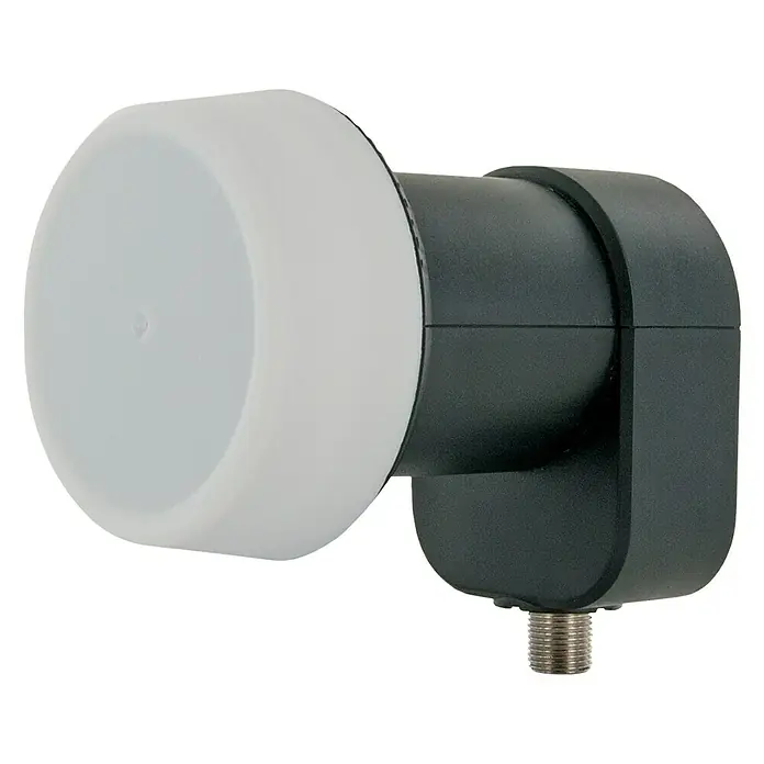 Schwaiger Single-LNB - 1-fach, Anthrazit, 40 mm, F-Buchse - Detailaufnahme eines LNB (Low Noise Block) für Satellitenempfang, bestehend aus einem weißen Empfangskopf und einem schwarzen Gehäuse mit Anschluss.