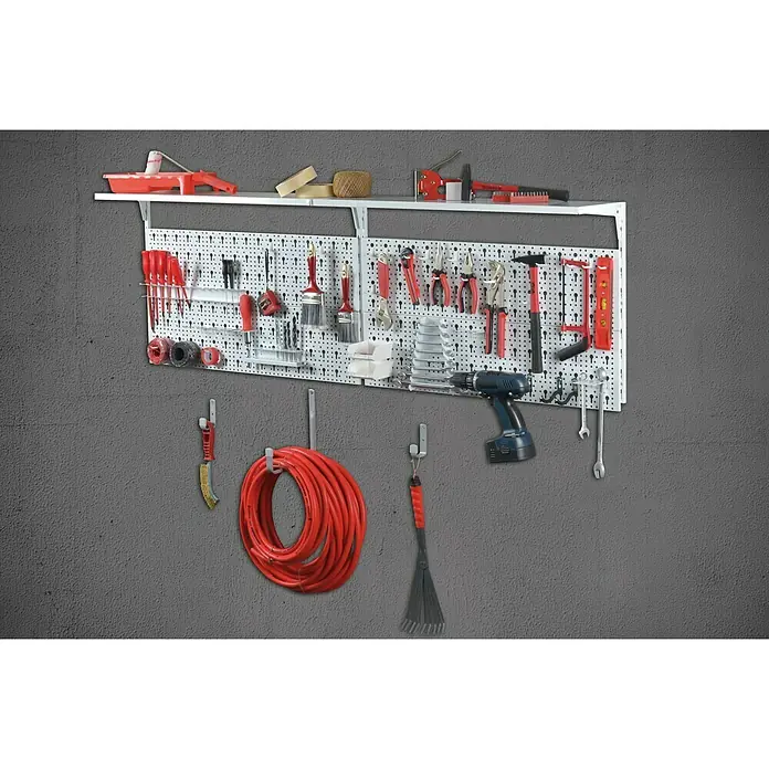 Element System Set de paneles perforados Organizer 3 - An x Al: 80 x 100 cm, 72 pzs., Acero, Blanco - Pared de herramientas con variedad de herramientas de bricolaje, incluyendo destornilladores, un martillo y alicates.