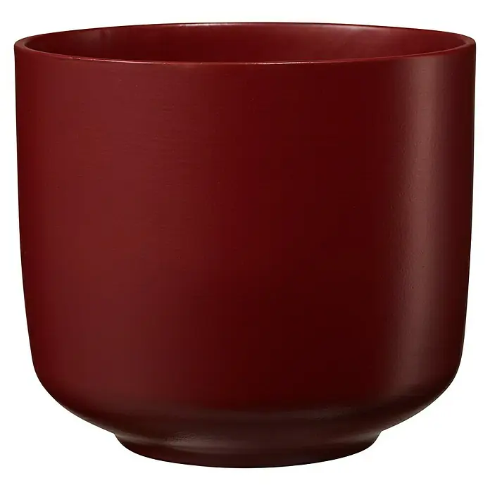 Soendgen Keramik Bari Übertopf rund - Außenmaß (Ø x H): 16 x 14 cm, Weinrot, Keramik, Matt - Nahaufnahme eines bordeauxroten, glatten Blumentopfes mit abgerundeter Basis, der ein elegantes und schlichtes Design aufweist.