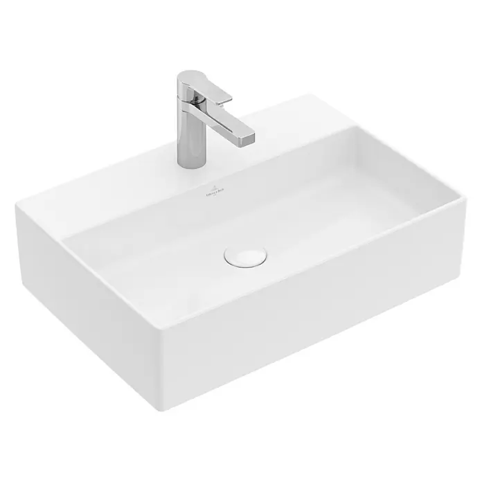 Villeroy & Boch Memento 2.0 Aufsatzwaschbecken - 60 x 42 cm, Ohne Spezialglasur, Hahnloch: Mitte, Ohne Überlauf, Weiß - Ein Waschbecken mit einer Armatur in der Mitte. Die Spüle ist rechteckig und hat eine glatte, weiße Oberfläche für das Badezimmer.