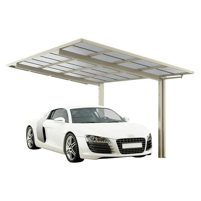 Ximax Carport LINEA 60 - Außenmaß inkl. Dachüberstand (B x T): 2,73 x 4,95 m, Edelstahloptik, Einzelcarport - Ein modernes Carport mit einem weißen Sportwagen darunter, ideal für den Schutz Ihres Fahrzeugs vor Witterungseinflüssen.