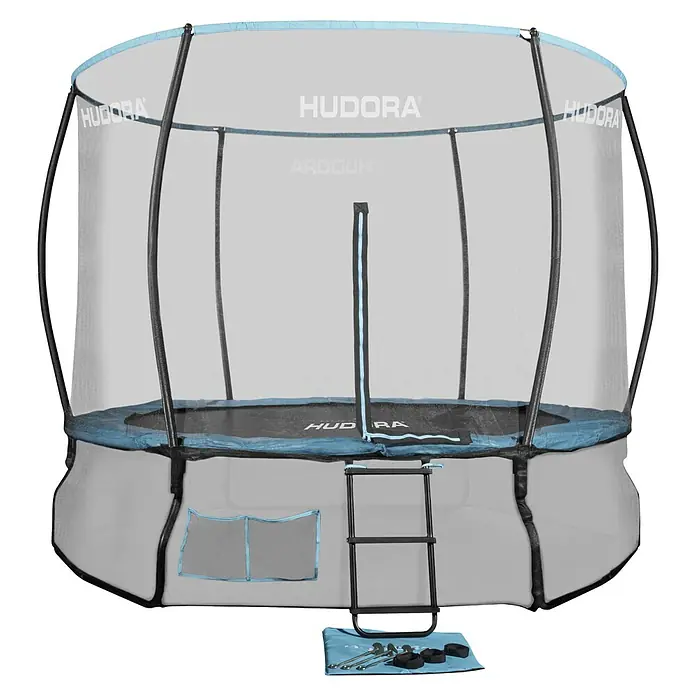 Hudora Trampolin Fantastic Complete 300 V - Durchmesser: 300 cm - Abbildung eines HUDORA-Trampolins mit Sicherheitsnetz, Leiter und Zubehör für sicheres Springen im Freien.