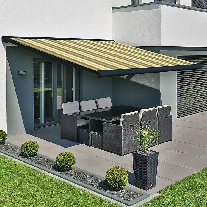 Deyo Limassol Vollkassettenmarkise - Gelb/Grau/Beige, Farbe Gestell: Anthrazitgrau Feinstruktur, Breite: 4 m, Ausfall: 3,5 m - Stimmungsaufnahme