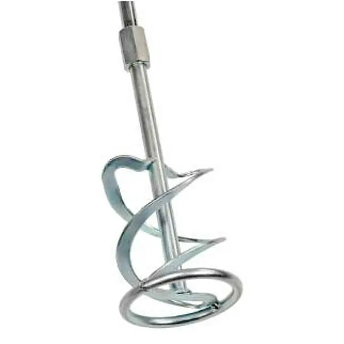 Einhell PXC 18V Mezclador de pintura de batería TE-MX 18 Li Solo - 18 V, Número de baterías: Sin batería, Número de revoluciones de marcha en vacío: 620 r.p.m. - Primer plano de una paleta mezcladora de pintura metálica, utilizada para mezclar pintura, yeso o cemento con un taladro.