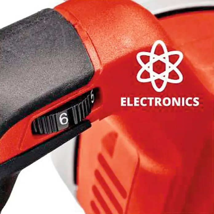 Einhell PXC 18V Mezclador de pintura de batería TE-MX 18 Li Solo - 18 V, Número de baterías: Sin batería, Número de revoluciones de marcha en vacío: 620 r.p.m. - Primer plano de una lijadora roja con un selector de velocidad ajustado al 6 y un logotipo de electrónica.