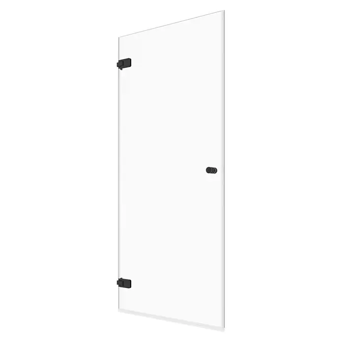 Camargue Air Dusch-Drehtür B24 - 97,5 x 200 cm, Beschichtet, Glasstärke: 8 mm, Schwarz - Abgebildet ist eine Duschabtrennung mit schwarzen Beschlägen und klarem Glas, die eine moderne und minimalistische Ästhetik im Badezimmer ermöglicht.
