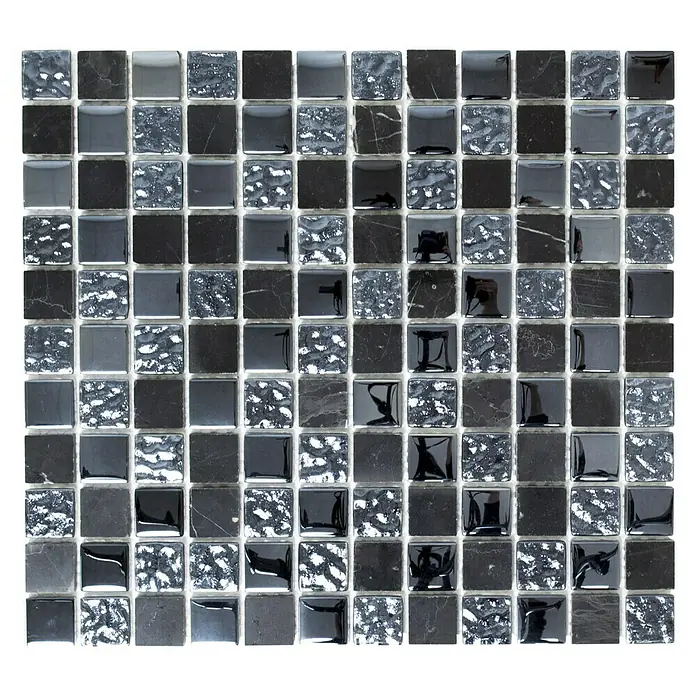 Mosaikfliese Crystal Mix CM M462 - 32,7 x 30,2 cm, Schwarz, Glänzend - Das Bild zeigt ein Mosaikfliesenmuster in Schwarz-, Grau- und Silbertönen, das eine elegante und moderne Oberfläche für Innenräume bietet.