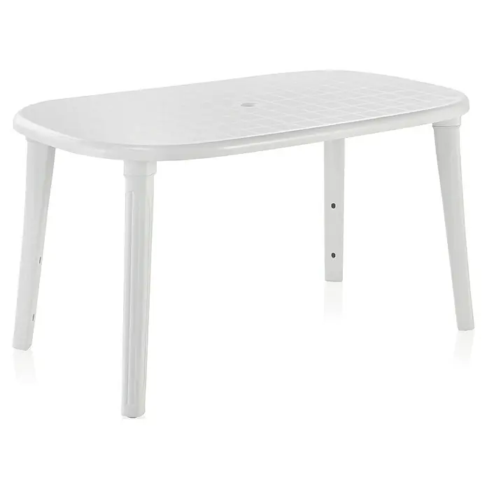 Mesa de jardín Cancún - L x An x Al: 140 x 80 x 73 cm, Blanco - Una mesa de jardín ovalada de plástico blanco con cuatro patas. Ideal para uso exterior.