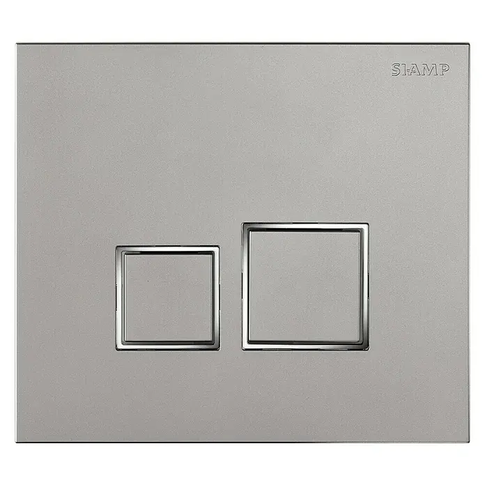 Siamp Betätigungsplatte Square - Chrom matt, 2-Mengen-Spülung - Nahaufnahme einer SLAMP WC-Betätigungsplatte mit zwei Tasten in Silber.