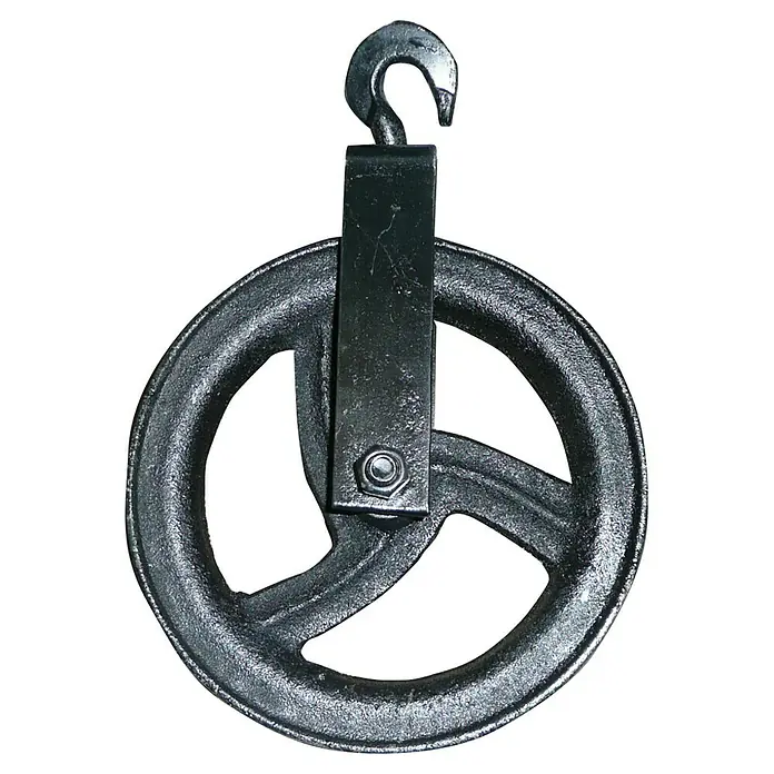 Polea elevadora - Carga soportada: 180 kg, Metal - Polea negra con un gancho y una rueda redonda ranurada, ideal para tareas de elevación y aplicaciones industriales.