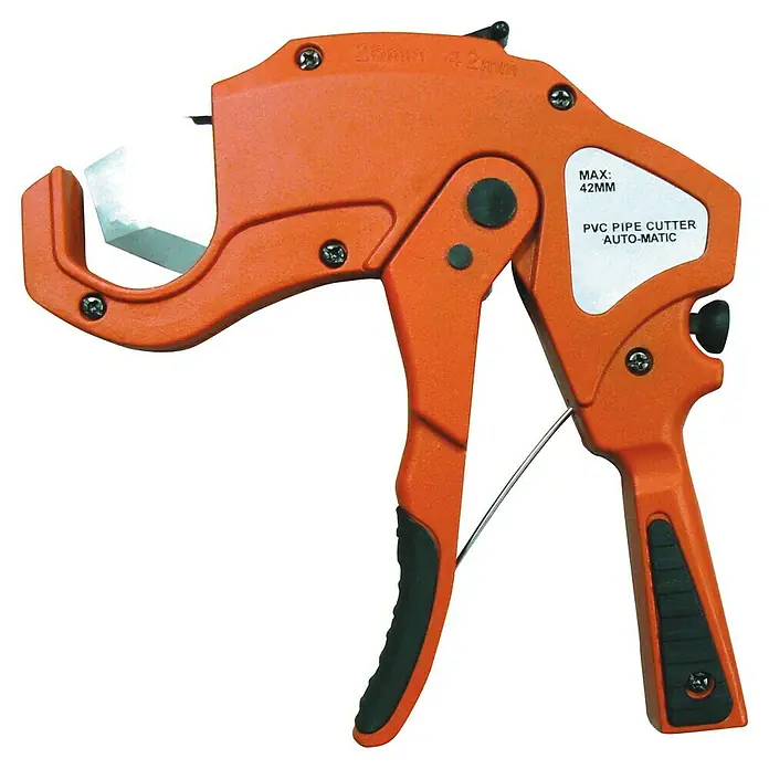 Cortatubos - Máx. Apertura de boca: 42 mm, Específico para: PVC - Cortatubos de PVC con función automática. La herramienta es naranja y tiene una capacidad máxima de 42 mm.