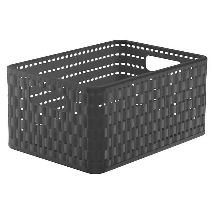 Rotho Allzweck-Korb Country - L x B x H: 32,8 x 23,8 x 16 cm, Anthrazit, Rechteckig - Nahaufnahme eines schwarzen Korbs mit gewebtem Design und Griffen, ideal für die Aufbewahrung von Gegenständen im Haushalt.