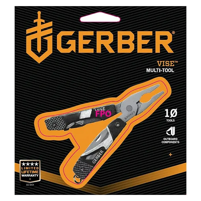 Gerber Multiherramienta plegable - Largo: 10,1 cm, Acero inoxidable - Imagen de un embalaje Gerber Vise Multi-Tool, que destaca la herramienta versátil y su garantía limitada de por vida.