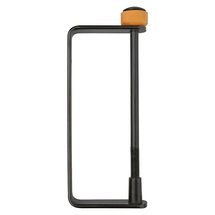 Fiskars Wand-Schlauchhalterung - Passend für: Fiskars Schlauchwagen Waterwheel S - Nahaufnahme eines schwarzen Fahrradständers mit einem orangefarbenen Knopf oben, der ein elegantes und funktionales Design für die Fahrradaufbewahrung zeigt.