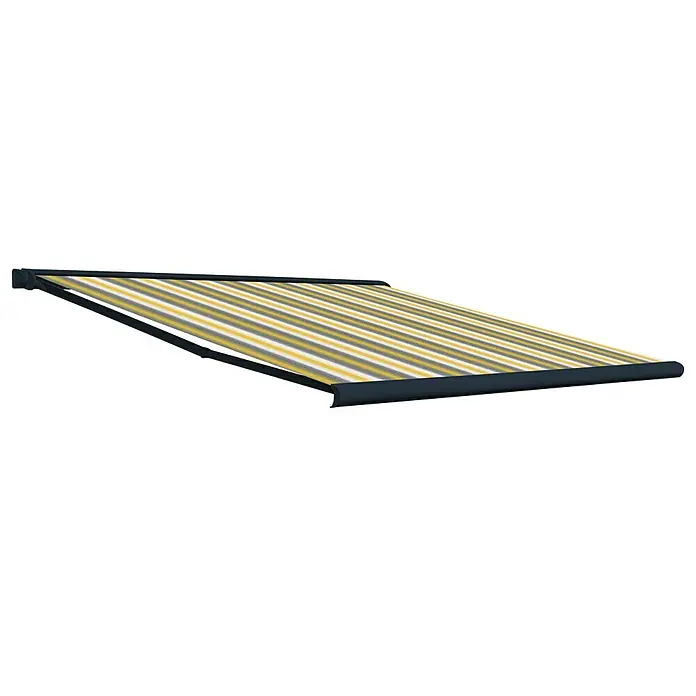 Deyo Limassol Vollkassettenmarkise - Gelb/Grau/Beige, Farbe Gestell: Anthrazitgrau Feinstruktur, Breite: 4 m, Ausfall: 3,5 m - Markise mit gelben und grauen Streifen.