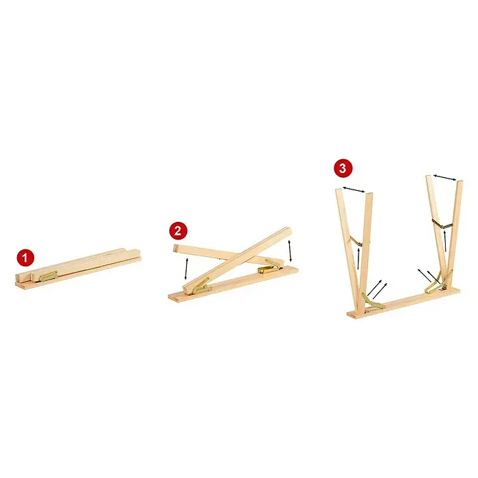 Astigarraga Holzklappbock Kipli - Tragkraft: 250 kg, Höhe: 73,5 cm, Kiefer - Die Abbildung zeigt die Montageanleitung eines Holztischgestells, vom Zusammenklappen bis zum Aufstellen.