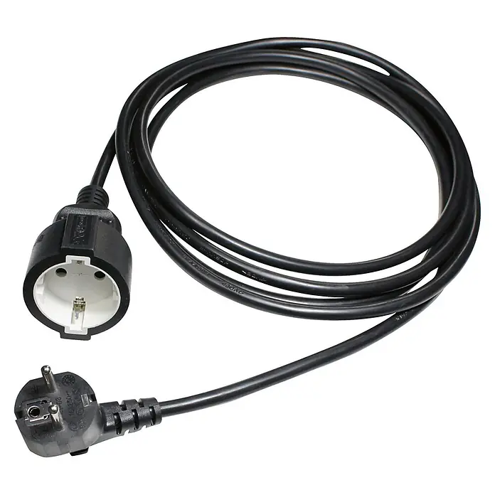 Voltomat Alargo - 2 m, Negro, H05VV-F - Cable de alimentación negro con enchufe con toma de tierra y conector hembra para conectar dispositivos a la red eléctrica.