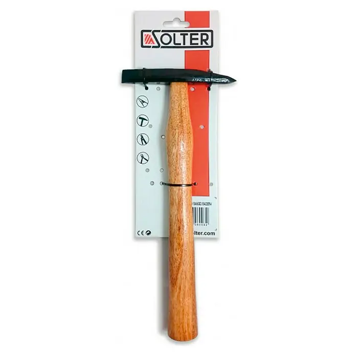 Solter Piqueta - Específico para: Soldadura, Mango de madera - Martillo Solter con mango de madera y cabeza negra, envasado en blíster rojo y blanco, ideal para trabajos de precisión.