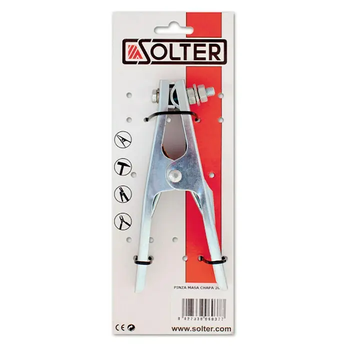 Solter Pinzas cocodrilo - 1 ud. - La imagen muestra una pinza de masa Solter montada en un embalaje del producto. Es de color plateado y sujeta con bridas negras.