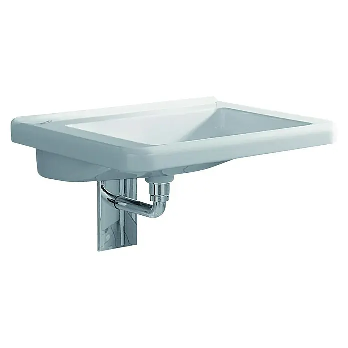 Geberit Renova Comfort Waschtisch - 55 x 52,5 cm, Mit schmutzabweisender Glasur, Hahnloch: Ohne, Ohne Überlauf, Weiß - Nahaufnahme eines weißen Keramikwaschbeckens mit glänzender Chrom-Ablaufgarnitur und Wandhalterung.