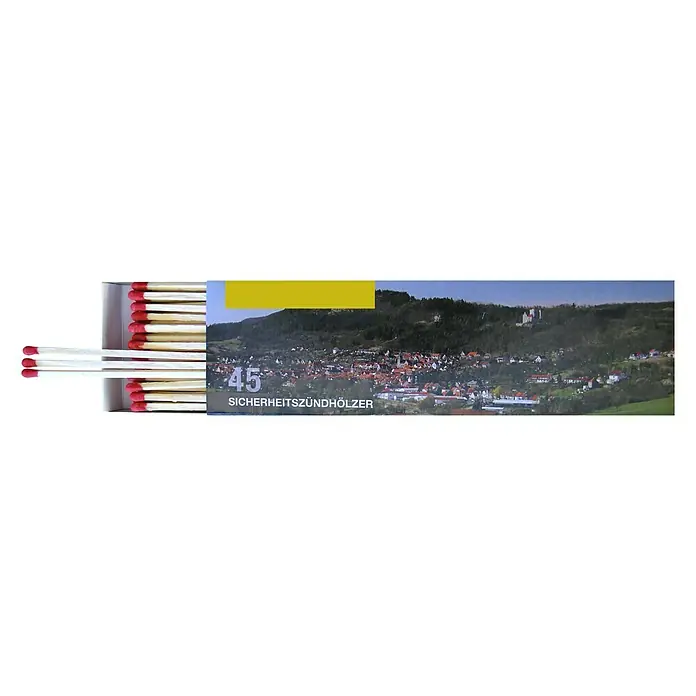 Lienbacher Zündholz - 10 cm, 55 Stk., Geeignet für: Kaminofen - Zündholzschachtel mit Landschaftsmotiv und der Aufschrift "Sicherheitszündhölzer".