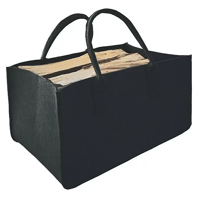 Lienbacher Bolsa de fieltro - L x An x Al: 50 x 34 x 27 cm, Negro - Cesta para leña de fieltro gris oscuro con asas, llena de leña.
