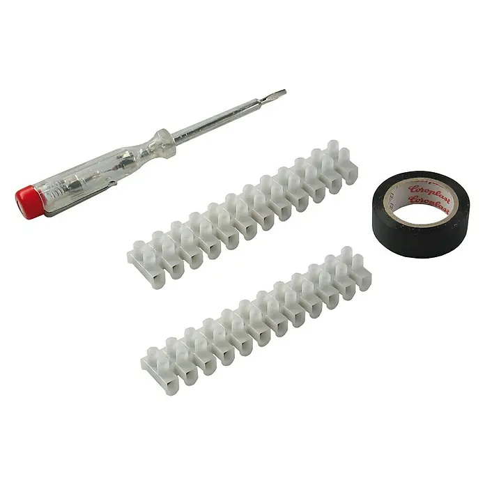 Voltomat Installations-Set - 1 x Spannungsprüfer, 1 x Isolierband 4,5 m, 1 x Lüsterklemme 4 mm², 1 x Lüsterklemme 6 mm² - Werkzeuge für Elektroinstallationen: Schraubendreher, Klemmenleisten und Isolierband.