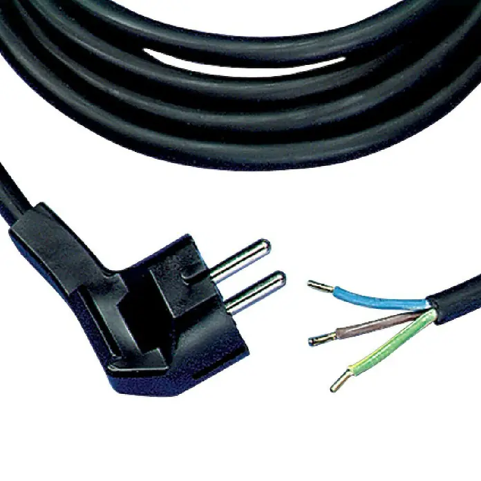 REV Alargo - 3 m, Negro, IP44, H05RR-F - Primer plano de un cable de alimentación negro con enchufe y extremos pelados, ideal para instalaciones y reparaciones eléctricas.