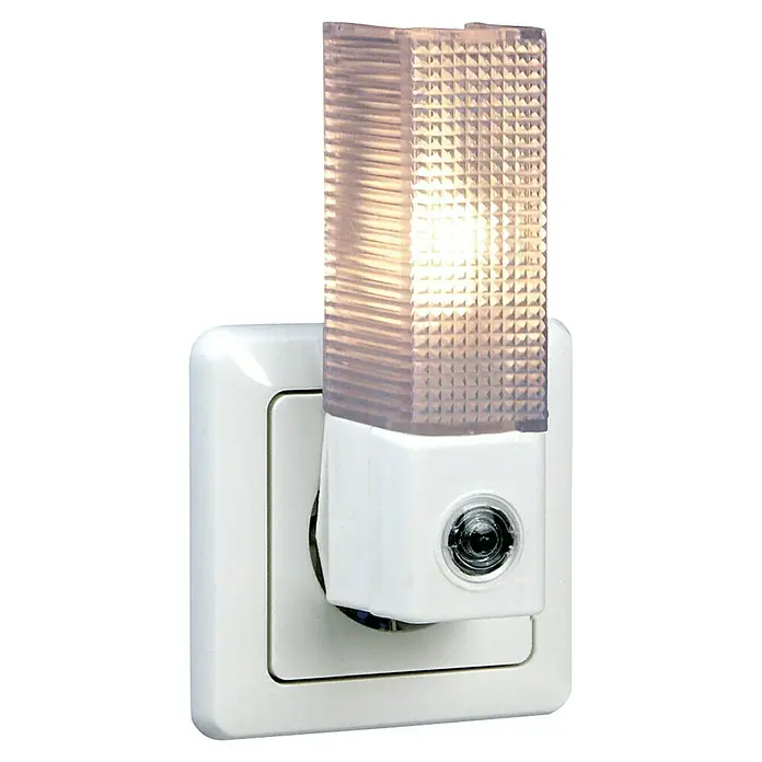 Nachtlicht - E14, 5 W, Weiß, 70 x 40 x 110 mm - Dieses Bild zeigt ein weißes LED-Nachtlicht, das in eine weiße Steckdose gesteckt wird und ein sanftes, beruhigendes Licht ausstrahlt.