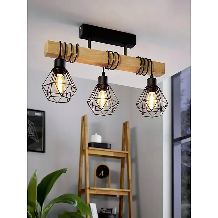Eglo Townshend 5 Lámpara colgante - 180 W, L x An x Al: 55 x 20 x 36 cm, Negro, E27 - Lámpara de techo moderna con tres pantallas geométricas y una viga de madera para iluminación elegante.