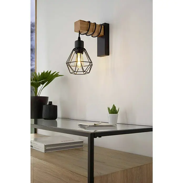 Eglo Townshend 5 Wandleuchte TOWNSHEND 5 - 60 W, Schwarz/Braun, E27 - Wandleuchte mit Holz- und Metallelementen, die ein warmes Licht verbreitet. Ein dekoratives Element für moderne Innenräume.
