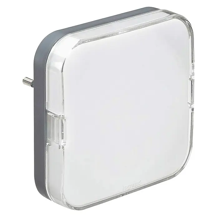 Legrand Luz de noche LED con sensor crepuscular - 0,4 W, Blanco, L x An x Al: 8,5 x 8,5 x 4,5 cm - Primer plano de una tapa de interruptor Legrand, base de plástico gris con cubierta transparente, ideal para interiores.