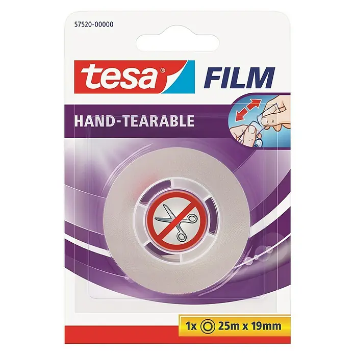 Tesa Film Klebefilm - 2.500 x 1,9 cm - Abbildung einer Tesa Film Rolle, handreißbar, 25m x 19mm, in einer violetten Verpackung, die die Marke Tesa und den Hinweis "ohne Schere" zeigt.