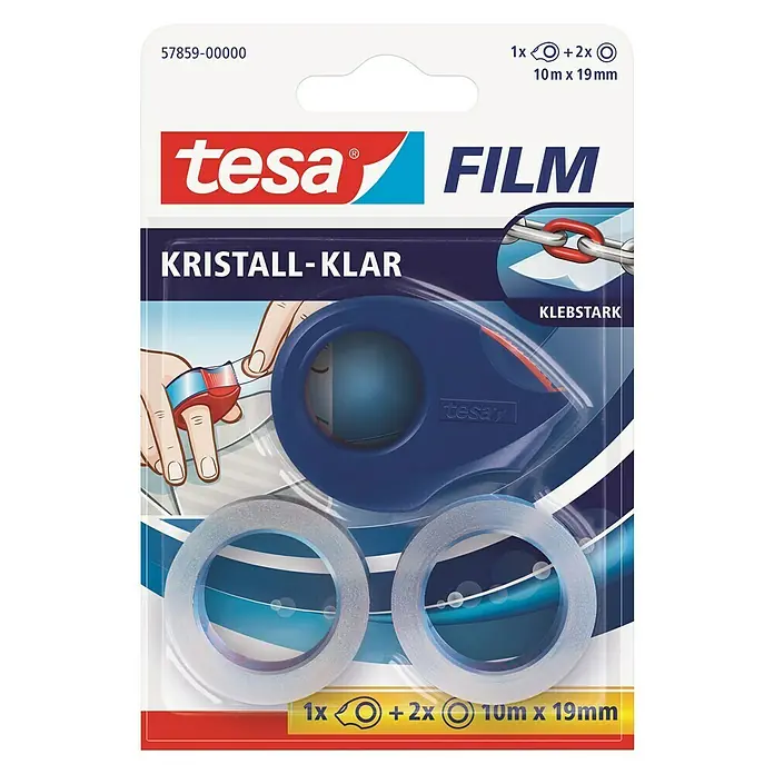 Tesa Mini-Abroller crystal clear Mini - Länge: 1.000 cm, Kristallklar, Inkl. 2x Rollen je 10 m x 19 mm - Tesa Kristall-Klar Filmpackung mit Abroller und zwei zusätzlichen Rollen transparenten Klebebands. Ideal für Büro und Haushalt.