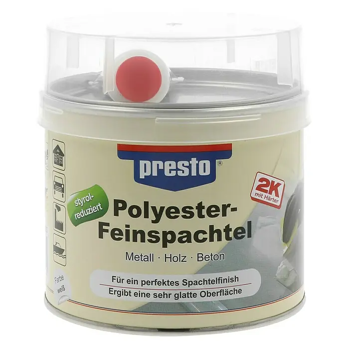 Presto Polyester-Feinspachtel - 1 kg, Weiß - Ein Eimer Presto Polyester-Feinspachtel, geeignet für Metall, Holz und Beton, für ein perfektes Spachtelfinish mit glatter Oberfläche.