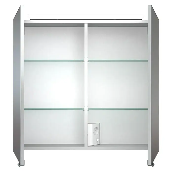 Camargue LED-Spiegelschrank Vela - B x H: 72 x 68,5 cm, Holz, Weiß - Aufnahme eines geöffneten Spiegelschrankes mit Glasböden und einer Steckdose im unteren Fach.