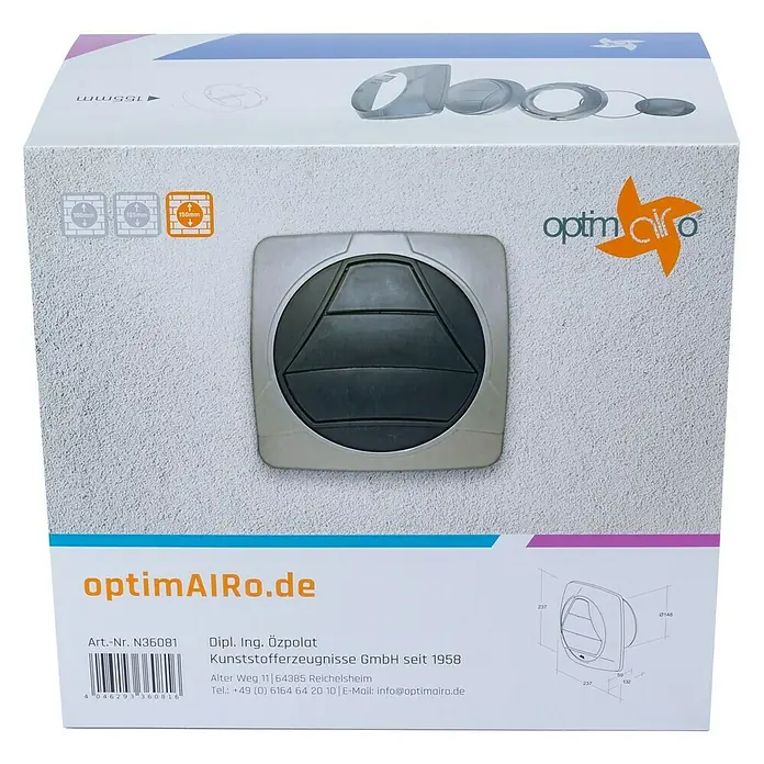 OptimAIRo Jalousieklappe R-150 F - Durchmesser Anschlussstutzen: 150 mm, Magnetische Rückstauklappe, Anthrazit/Bronze - Produktverpackung von OptimAir: Ein Zuluftventil mit verstellbarem Tellerventil in runder Ausführung mit eckigem Rahmen für die Wandmontage.