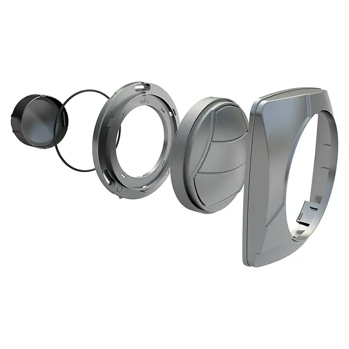 OptimAIRo Jalousieklappe R-150 F - Durchmesser Anschlussstutzen: 150 mm, Magnetische Rückstauklappe, Anthrazit/Bronze - Auseinandergezogene Ansicht einer modernen, silberfarbenen Wandventilationseinheit, die die inneren Komponenten zeigt.