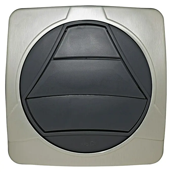 OptimAIRo Jalousieklappe R-150 F - Durchmesser Anschlussstutzen: 150 mm, Magnetische Rückstauklappe, Anthrazit/Bronze - Nahaufnahme eines Optio2Flow-Produkts, das eine quadratische, gebürstete Metallabdeckung mit einem runden, schwarzen, strukturierten Element in der Mitte zeigt.