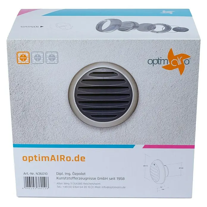 OptimAIRo Außengitter C-100 S - Durchmesser Anschlussstutzen: 100 mm, Magnetische Rückstauklappe, Anthrazit/Bronze - Produktverpackung mit Abbildung eines runden Luftauslasses mit Lamellen und technischen Zeichnungen.